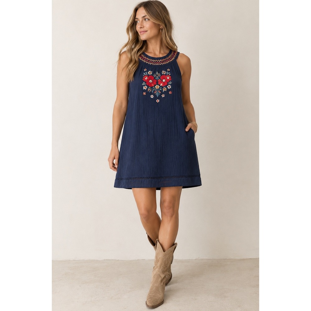 THML Navy Blue Embroidered Floral Sleeveless Gauze Shift Dress Large SF594-2-N